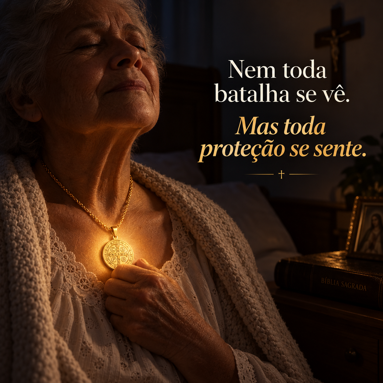 Devota em oração usando a Medalha de São Bento