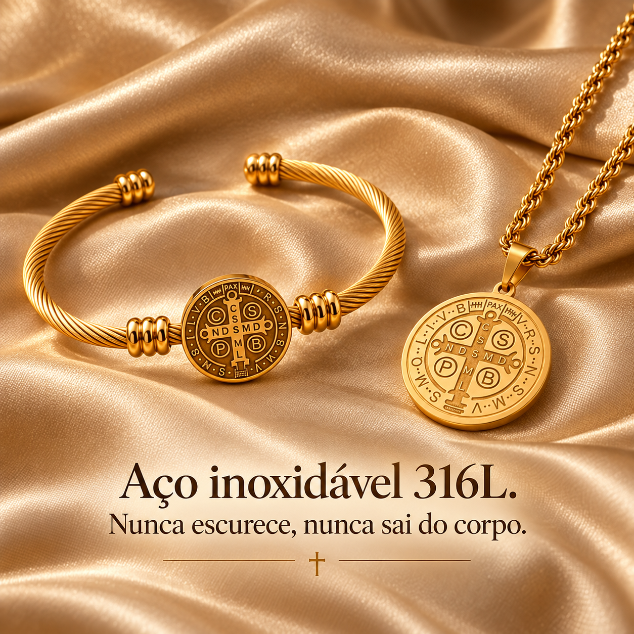 Colar e bracelete de São Bento em aço inoxidável 316L